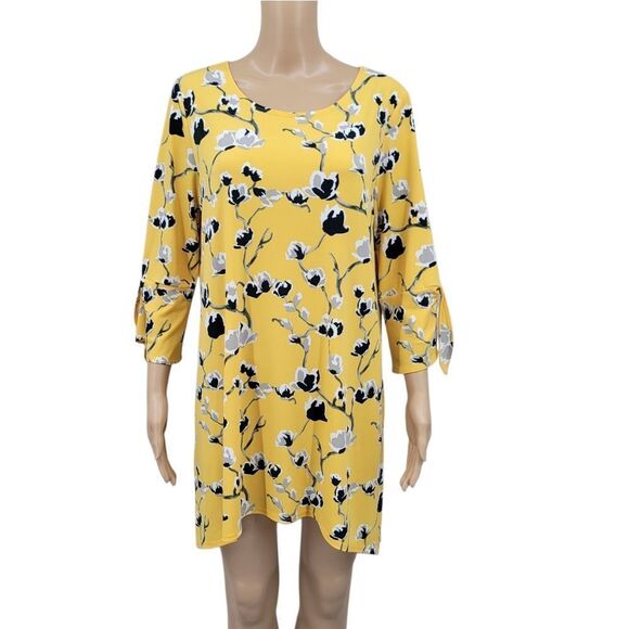 CLARA SUNWOO Sun Woo Yellow with Black Gray Florals White Boxy 3/4 Sleeve Tunic - Picture 1 of 9